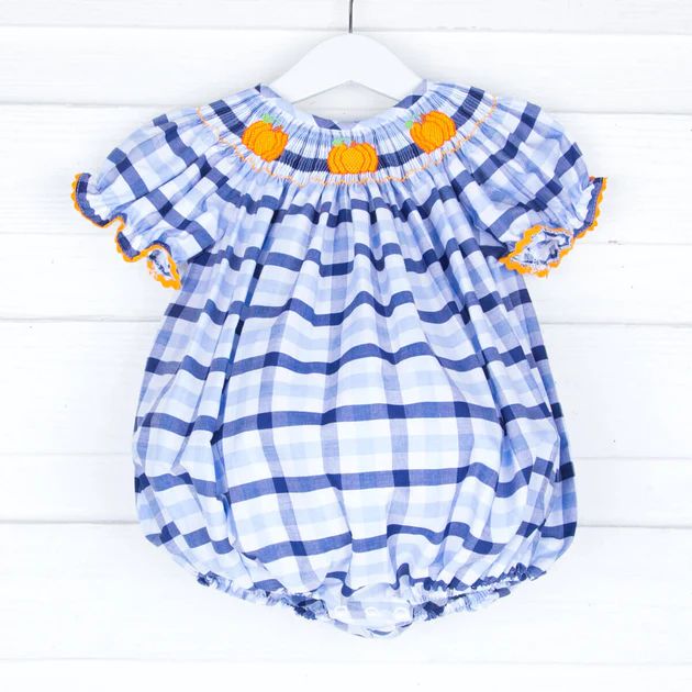 Pumpkin Smocked Bubble Navy and Light Blue Plaid | Classic Whimsy