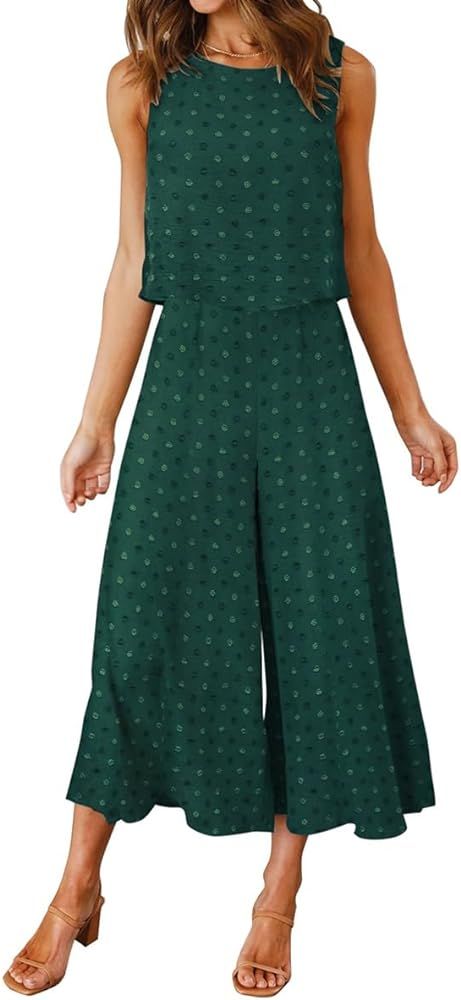 ROYLAMP Women's Summer 2 Piece Outfits Round Neck Crop Basic Top Cropped Wide Leg Pants Set Jumps... | Amazon (US)