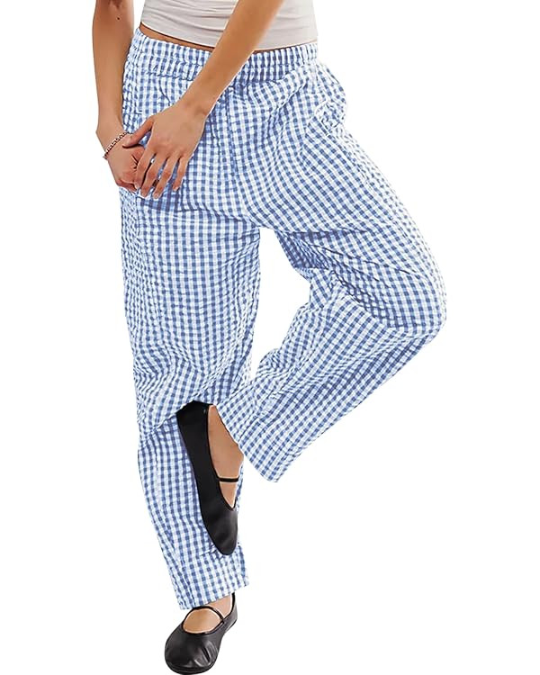 Women's Plaid Pant Gingham Lounge Pants Wide Leg Mid Rise Elastic Waist Checkered Long Trousers w... | Amazon (US)