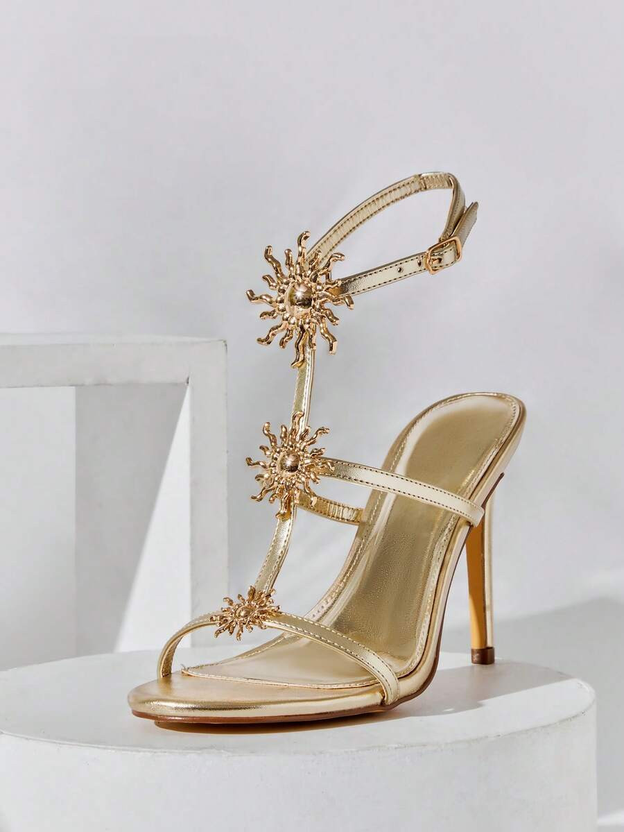 SHUZIA Glamorous Women's Gold Ankle Strap High Heel Sandal Sun Decor Embellishments, Almond Open ... | SHEIN
