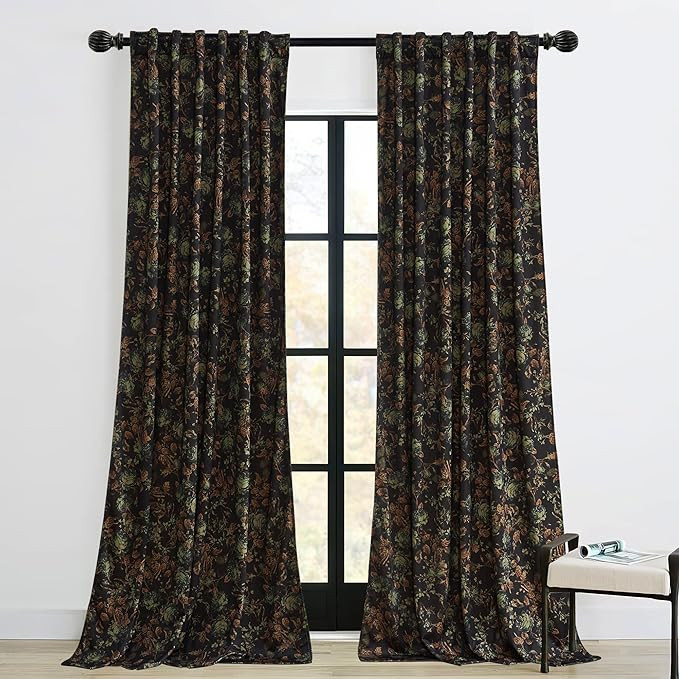 StangH Black Velvet Curtains 84 inches Long - Printed Floral Design Home Decoration Back Tab Vint... | Amazon (US)