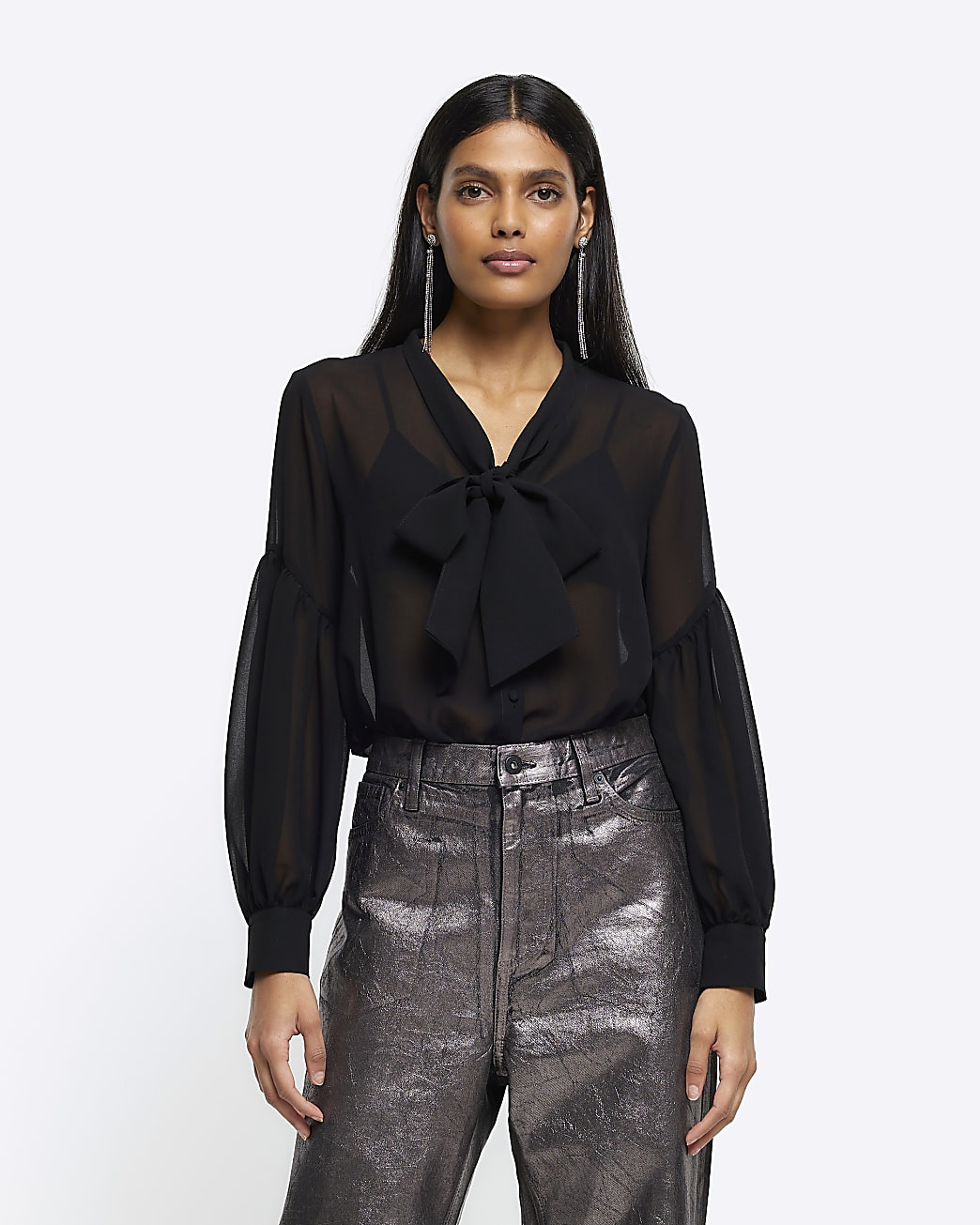 Black front tie long sleeve shirt | River Island (UK & IE)