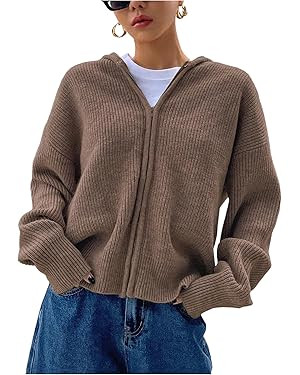 SOLY HUX Women's Zip Up Hooded Cardigan Sweater Knitted Drop Shoulder Fall Hoodies Outerwear | Amazon (US)