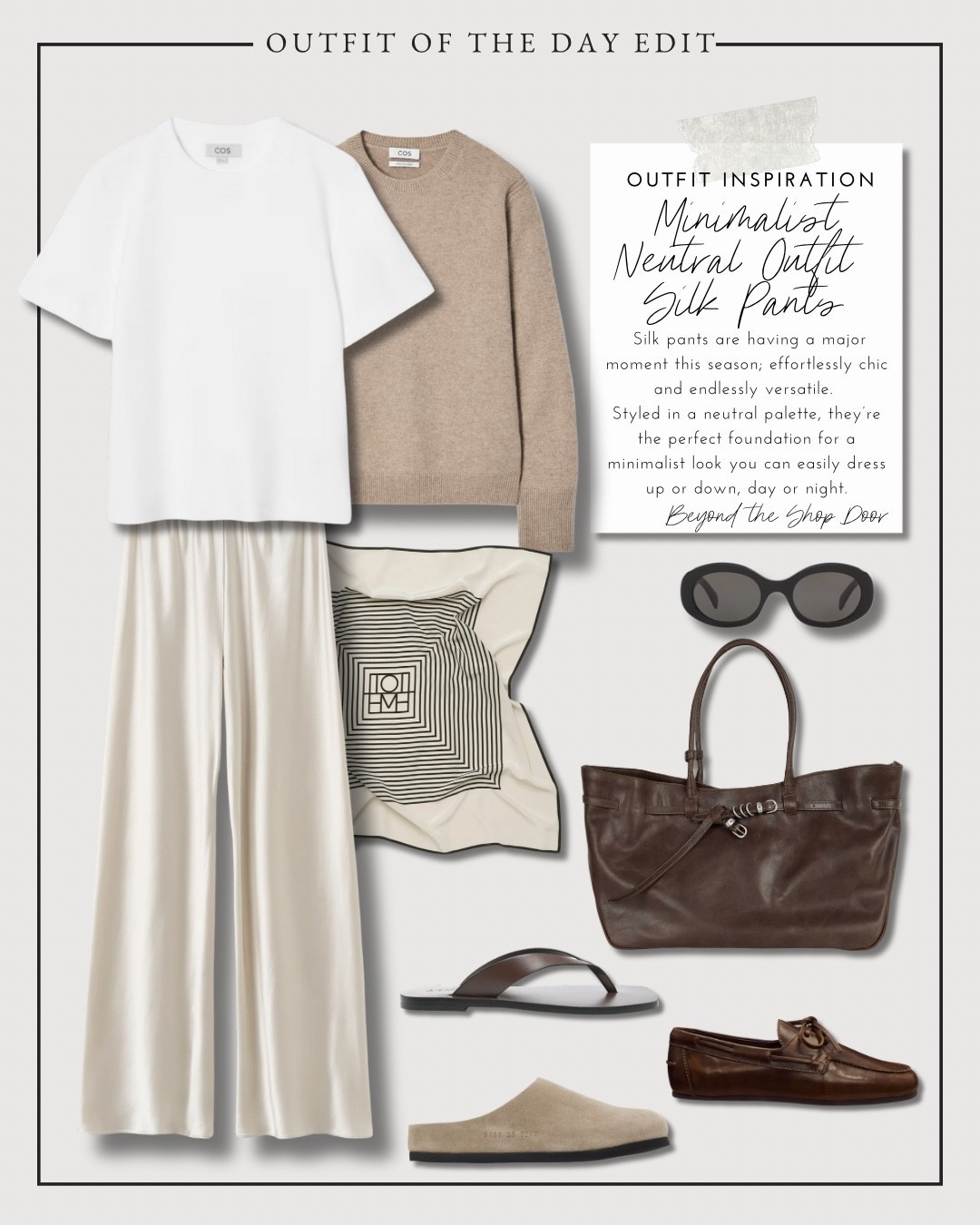 Minimalist Neutral Outfit Silk Pants - Outfit of the Day Edit.

Silk pants are having a major moment this season; effortlessly chic and endlessly versatile. 

Styled in a neutral palette, they’re the perfect foundation for a minimalist look you can easily dress up or down, day or night.

Silk Pants | oversized Tee | Silk Scarf | Tote Bag | Flip Flops | Boat Shoes | Mule Clogs

#LTKShoeCrush #LTKItBag #LTKStyleTip