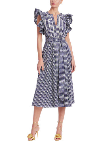 Navy Mosaic Ruffle Midi Dress | Badgley Mischka