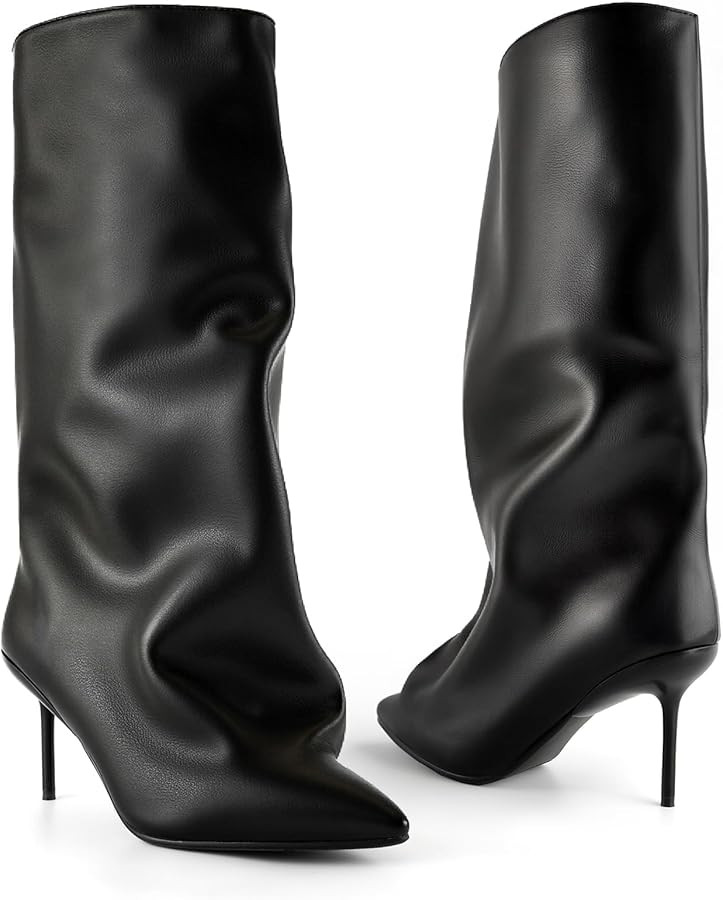 Slouchy Knee High Boots Women, Black Boots with Pointed Toe Stiletto Heel Pull on Closure Shark B... | Amazon (US)