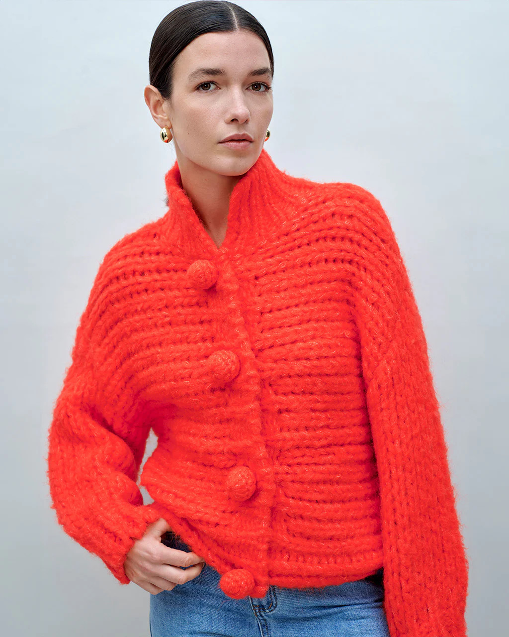 Red Hand Knitted Pom Pom Cardigan | ban.do