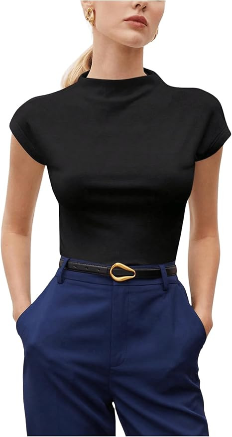 Floerns Women's Solid Flared Cap Sleeve Ruched Front Slim Fit Mock Neck T Shirts | Amazon (US)