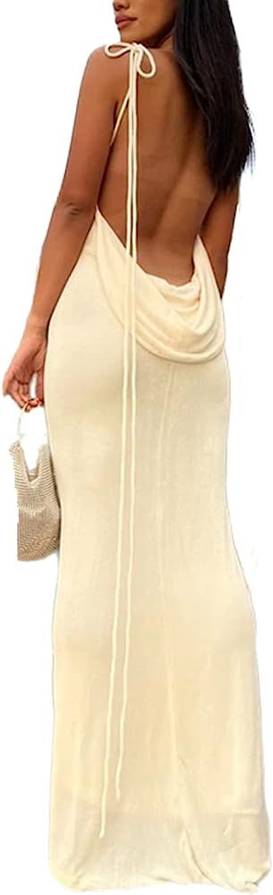 JUMISEE Women Sexy Backless Draped Maxi Dress Elegant Sleeveless Spaghetti Strap Evening Dress Lo... | Amazon (US)