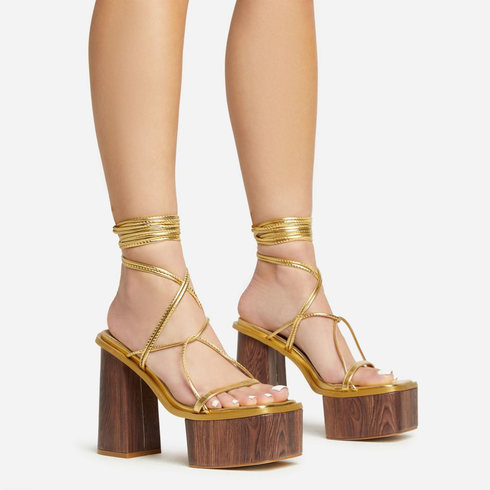 Free-Soul Lace Up Strappy Square Toe Wood Effect Platform Block Heel In Gold Faux Leather | EGO Shoes (US & Canada)
