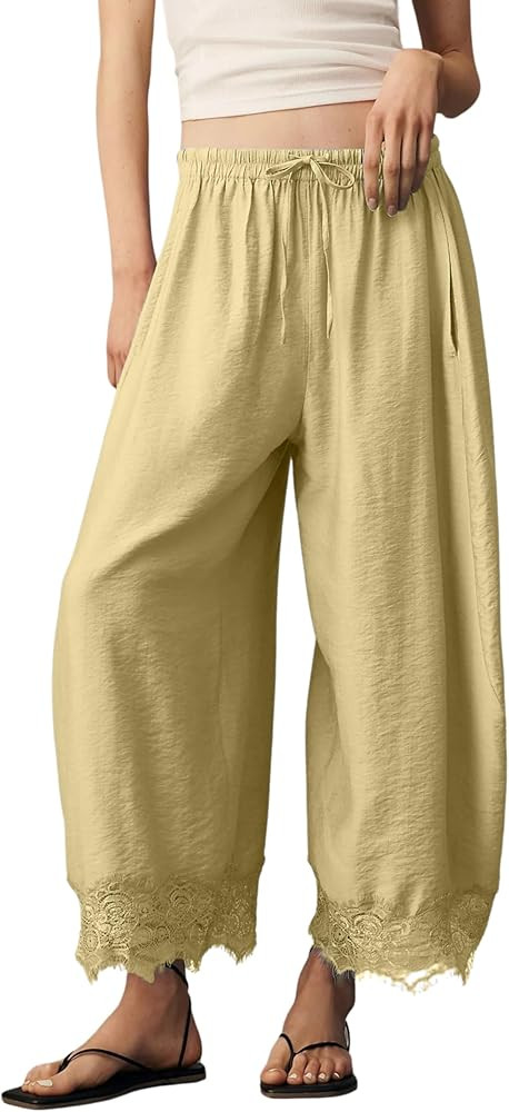 PUWEI Women's Cropped Lace-Hem Pants High Waisted Drawstring Wide Leg Pants Casual Lightweight Tr... | Amazon (US)