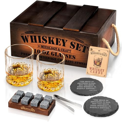 Mixology & Craft Whiskey Gift Set, Whiskey Glass Set with Rustic Wooden Crate, 8 Granite Whiskey Rocks Chilling Stones, 10oz Glasses, Raffle Gift for Men, Dad, Husband, Boyfriend - Jameson Dark Brown | Amazon (US)