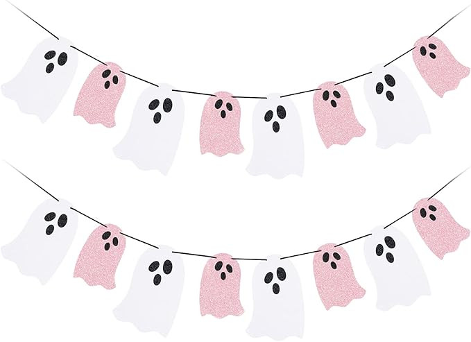 Halloween Hanging Ghost Banner White Pink Glitter Halloween Party Ghost Banner for Haunted Houses... | Amazon (US)