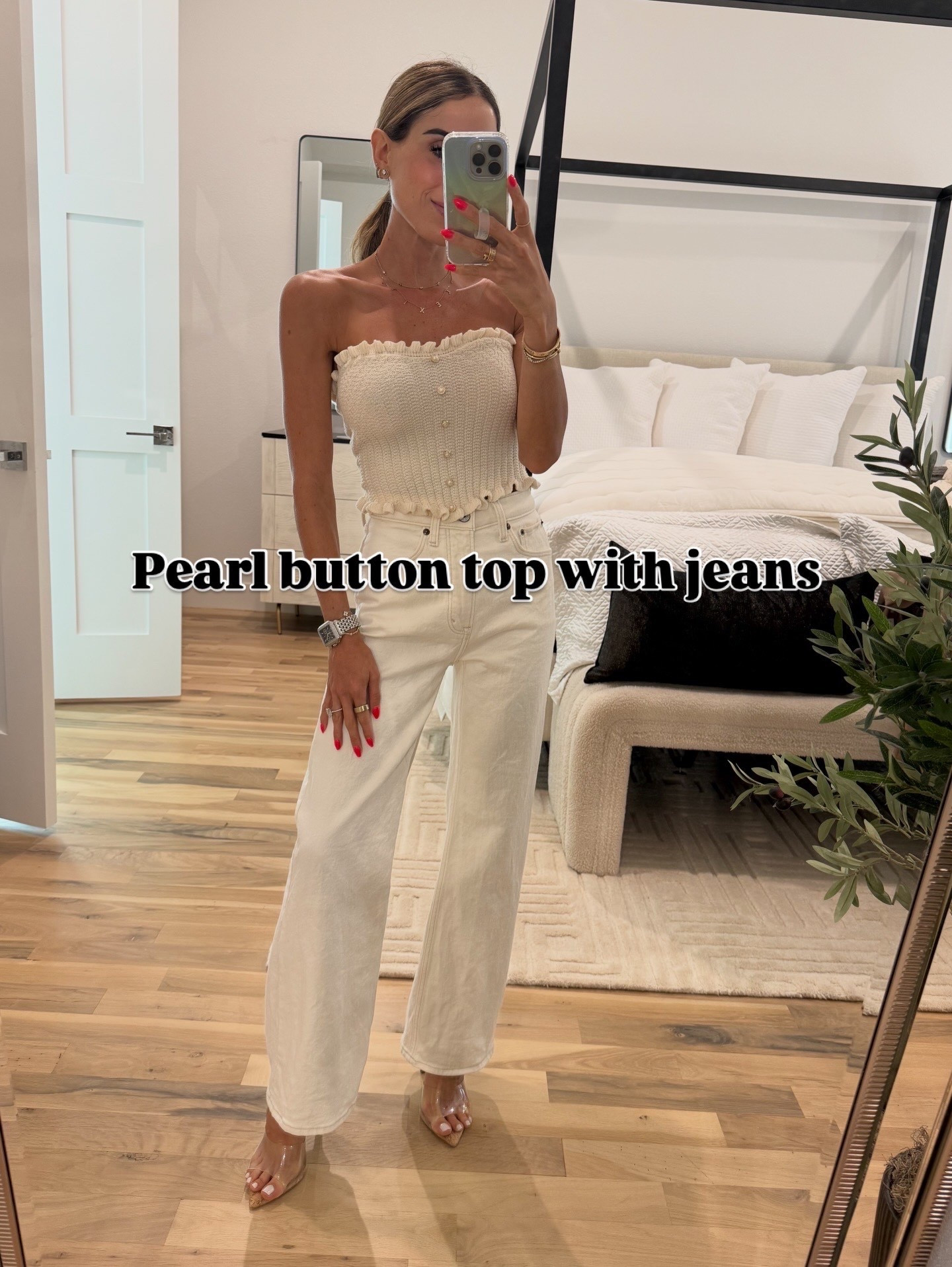 The cutest strapless top with pearl buttons perfect for vacation with white or off white jeans 

#LTKSeasonal #LTKPetite