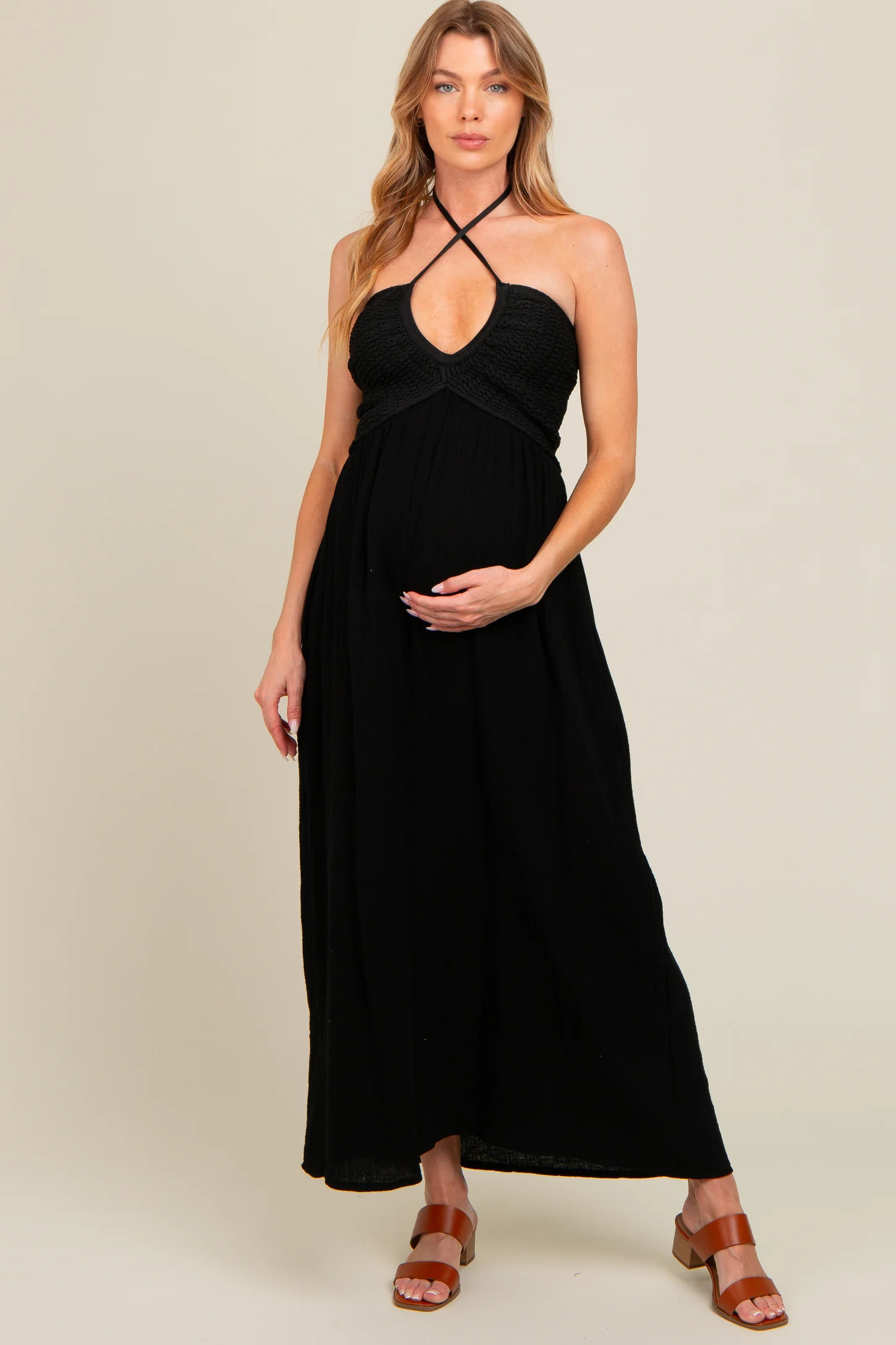 Black Halter Crochet Top Maternity Maxi Dress | PinkBlush Maternity