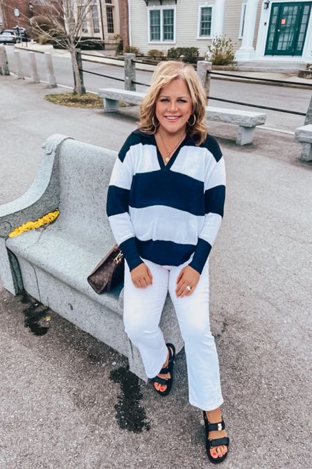 May weather can be so unpredictable here in New England. It’s 50 degrees one day, 75 the next. 
This light weight sweater is perfect either way. It’s adorable thrown on over a tank and shorts on the warmer days, perfect with a crisp pair of white jeans on the cooler days.
Runs true to size. Paired here with the dad sandals that you guys seem to love as much as I do!
Spring outfit, summer outfit, work outfit, jeans, denim, dad sandals. Stripes

#LTKSeasonal #LTKSaleAlert #LTKFindsUnder50