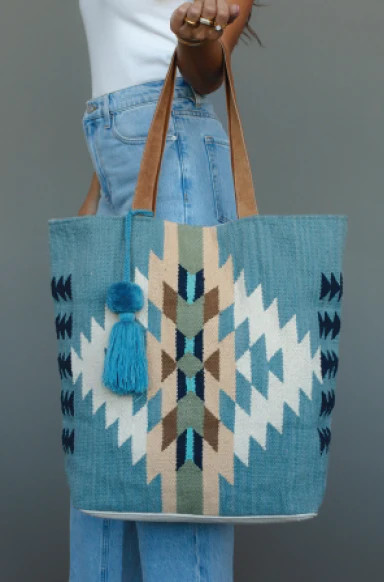 Catori Cream and Blue Tribal Print Woven Tote Bag | Benaar La