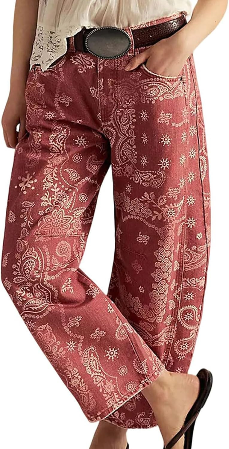 yaoeye Womens Baggy Barrel Boyfriend Jeans Floral Print Denim Ankle Pants Wide Leg Flared Jeans Sweatpants Y2k Patchwork | Amazon (US)