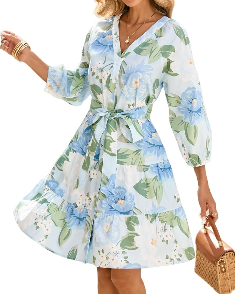 Women Floral Dresses 2026 Casual Long Sleeve Button Down Mini Dress Swing Short Dress with Belt | Amazon (US)