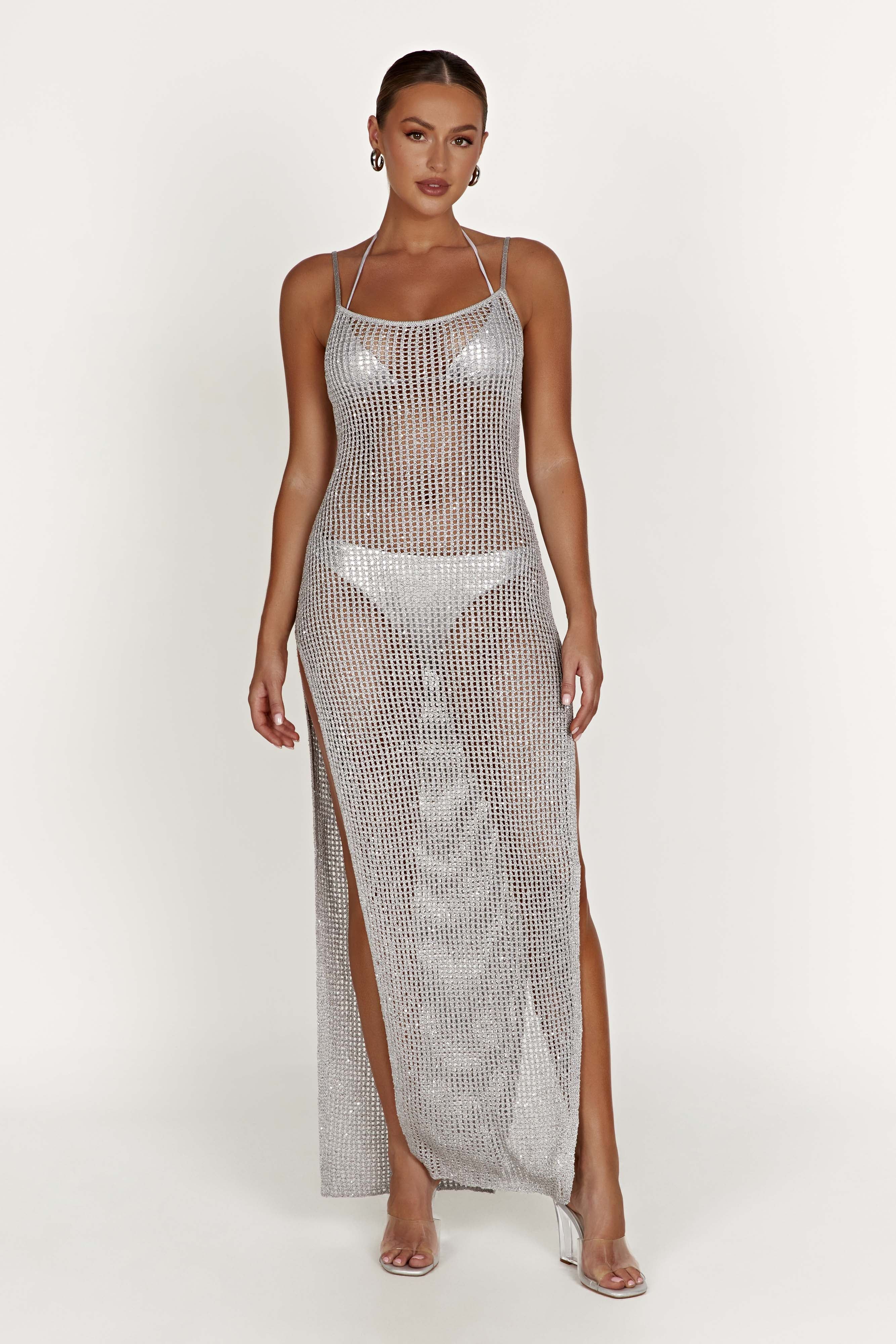 Zelda Sequin Crochet Maxi Dress - Silver | Meshki (APAC)