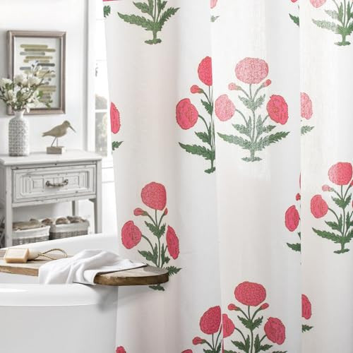 MUGINYU Pink Floral Shower Curtain-72x72 Inches,Cotton Blend Cloth Fabric,Girly Cute Coquette Style with Green Block Print for French Country Bathroom Decor | Amazon (US)