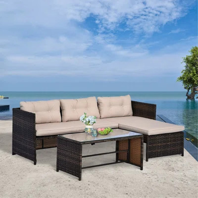 3 Piece Patio Furniture Set, Rattan Outdoor Sofa Set With Chaise Lounge & Loveseat, Soft Cushions, Tempered Glass Table, L-Shaped Sectional Couch, Bei | Wayfair North America