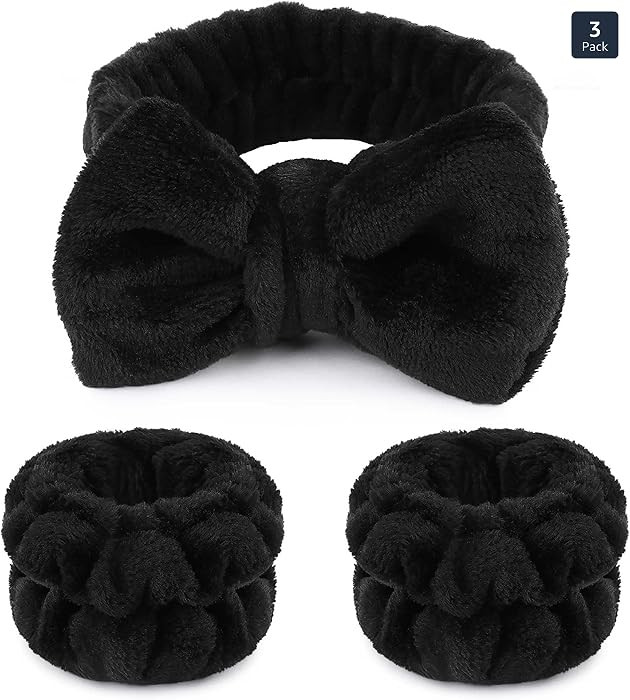 WSYUB Makeup Headbands, 1pcs Black Spa Headband Fluffy Bow Tie Headband Microfiber Face, and 2Pcs... | Amazon (US)
