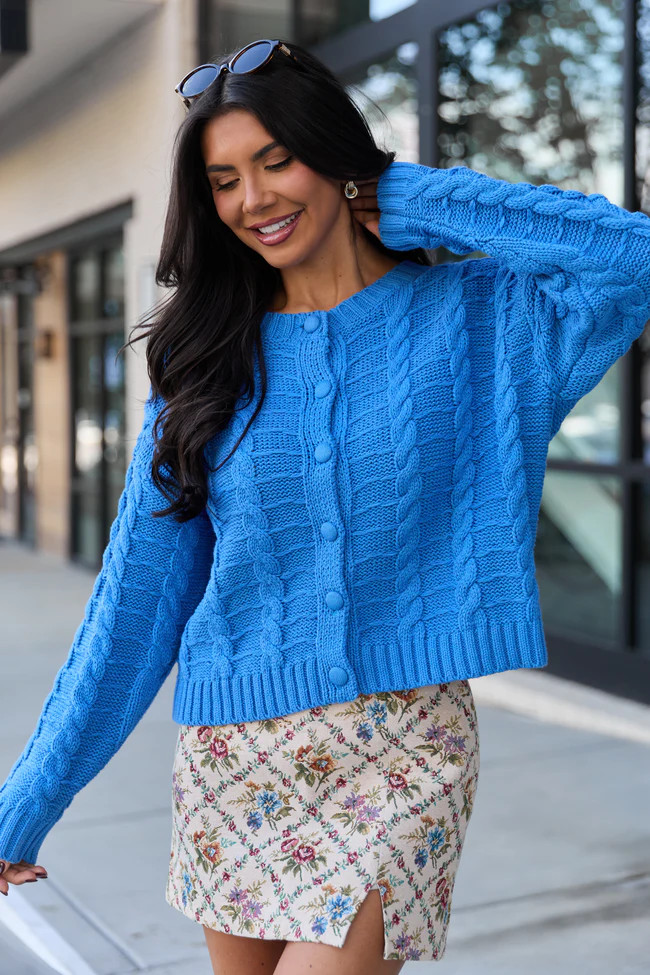 Kasen Blue Cable Knit Cardigan | Pink Lily