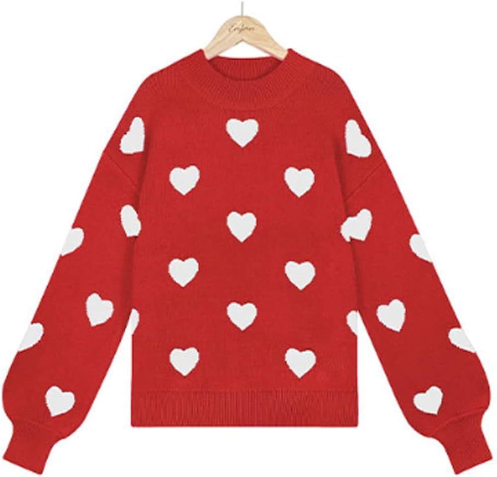 Cute Sweaters for Women Girls Lovely Heart Printed Loose Casual Oversized Sweaters Crewneck Long ... | Amazon (US)