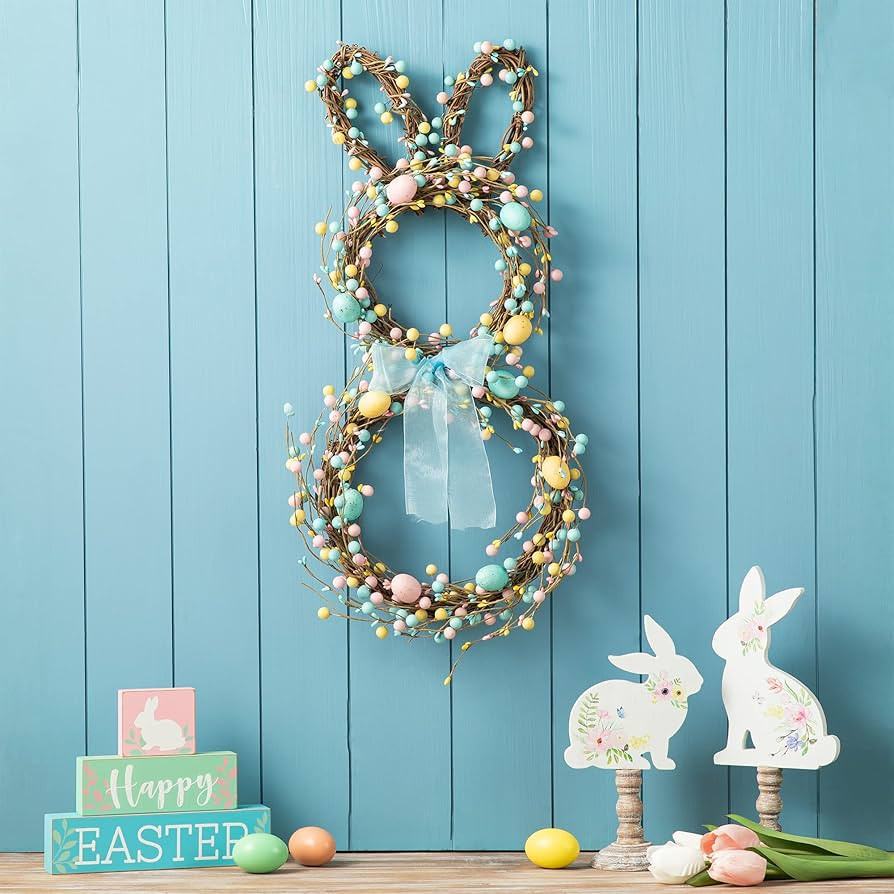 Glitzhome 24.5”H Easter Bunny Spring Wreath with Ribbon Bow Easter Eggs for Front Door Wall Dec... | Amazon (US)