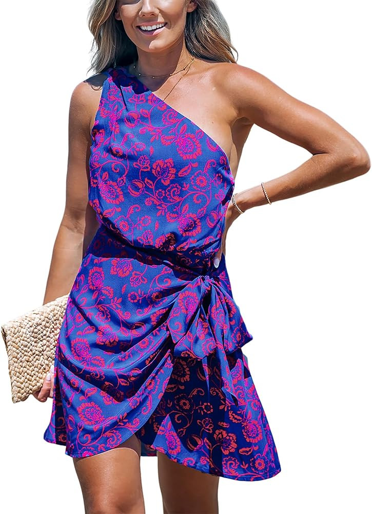 CUPSHE Women's One Shoulder Leaf Print Self-tie Short Dress Sleeveless Tiered Hem Formal Dress Ca... | Amazon (US)