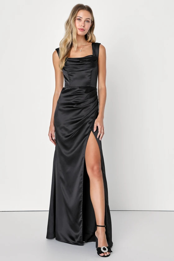 Stunning Arrival Black Satin Off-The-Shoulder Maxi Dress | Lulus