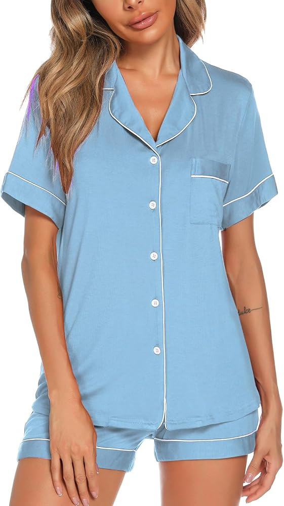 Aamikast Button Up Pajama Set for Women Shorts Short Sleeve Knit Sleepwear 2 Pice Pjs Sets | Amazon (US)