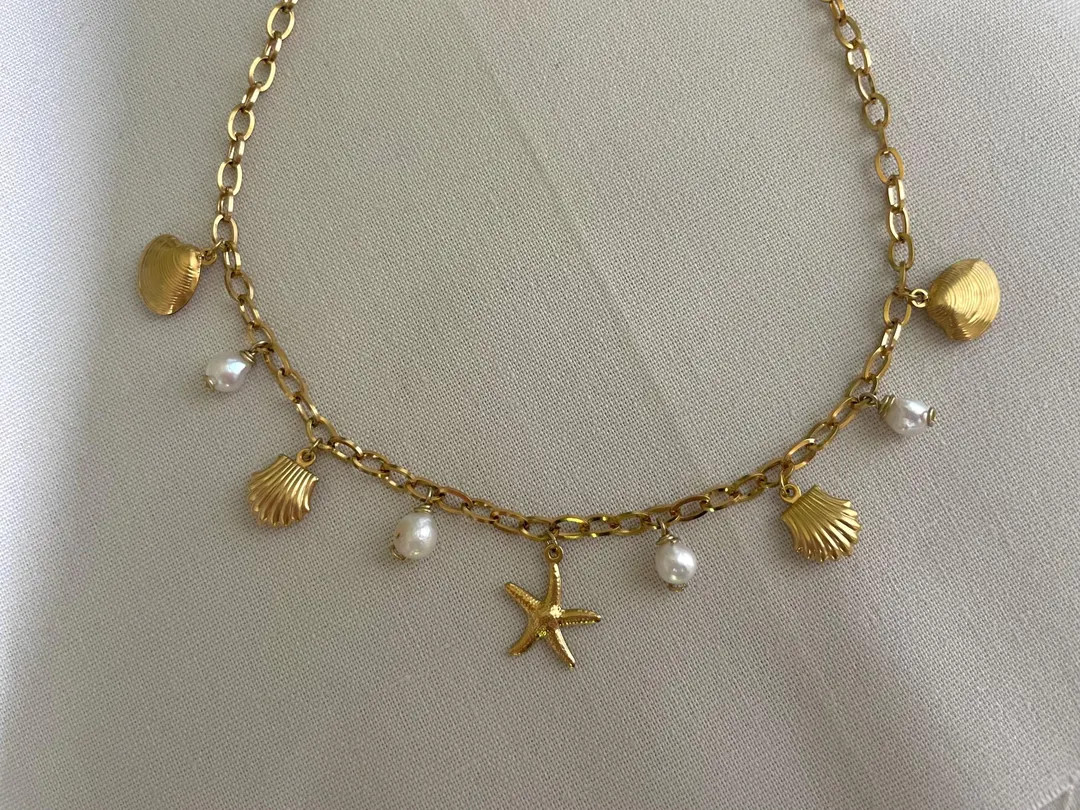 Chunky Seashell / Starfish & Freshwater Pearl Charm Necklace. Stainless Steel. - Etsy UK | Etsy (US)