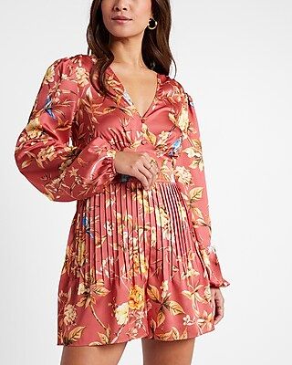 Floral Print Pleated Button Front Romper | Express