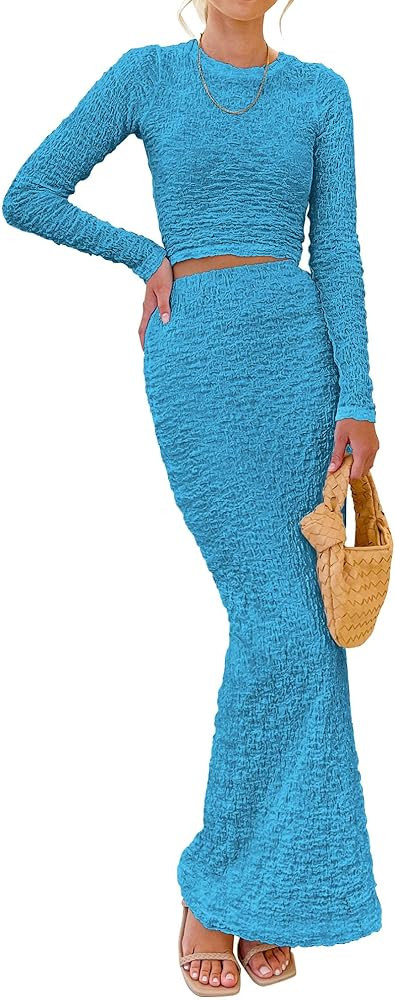 BTFBM Women's Fashion 2 Piece Outfits 2023 Fall Winter Long Sleeve Bodycon Pullover Tops Ruched M... | Amazon (US)