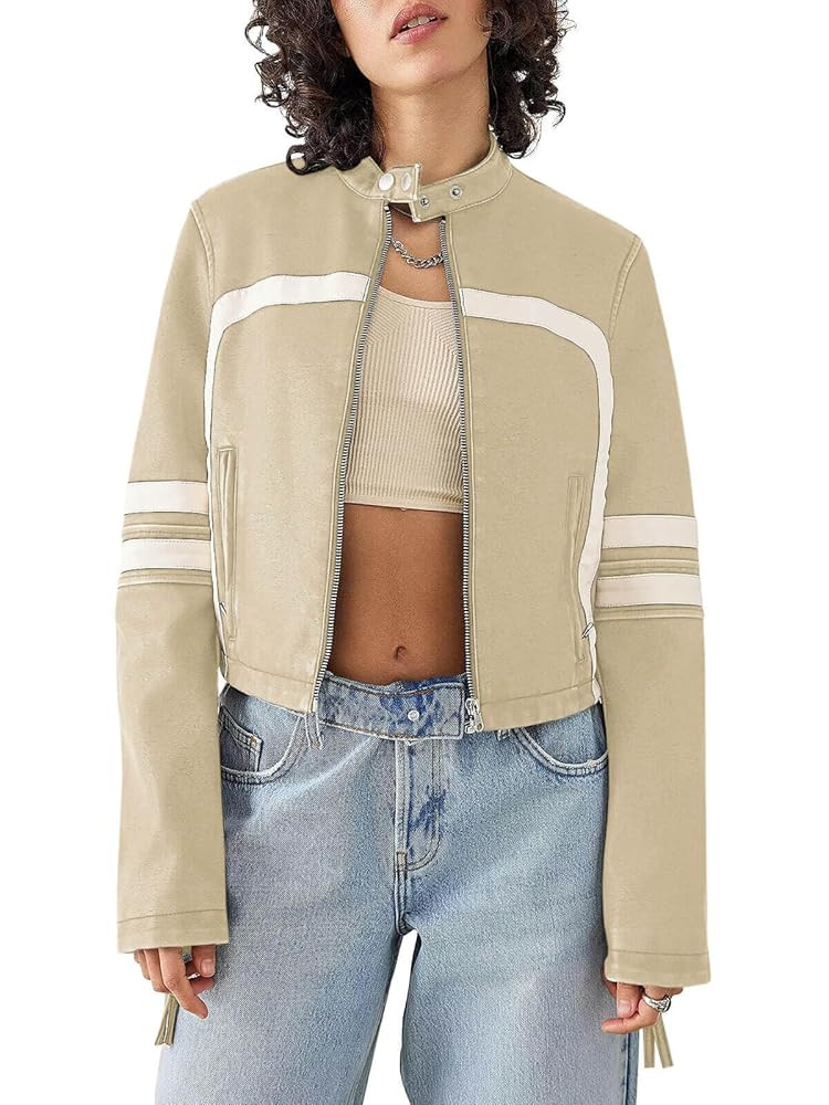 Saodimallsu Women’s Faux Leather Jackets Zip Up Stand Collar Cropped Motocross PU Coats | Amazon (US)