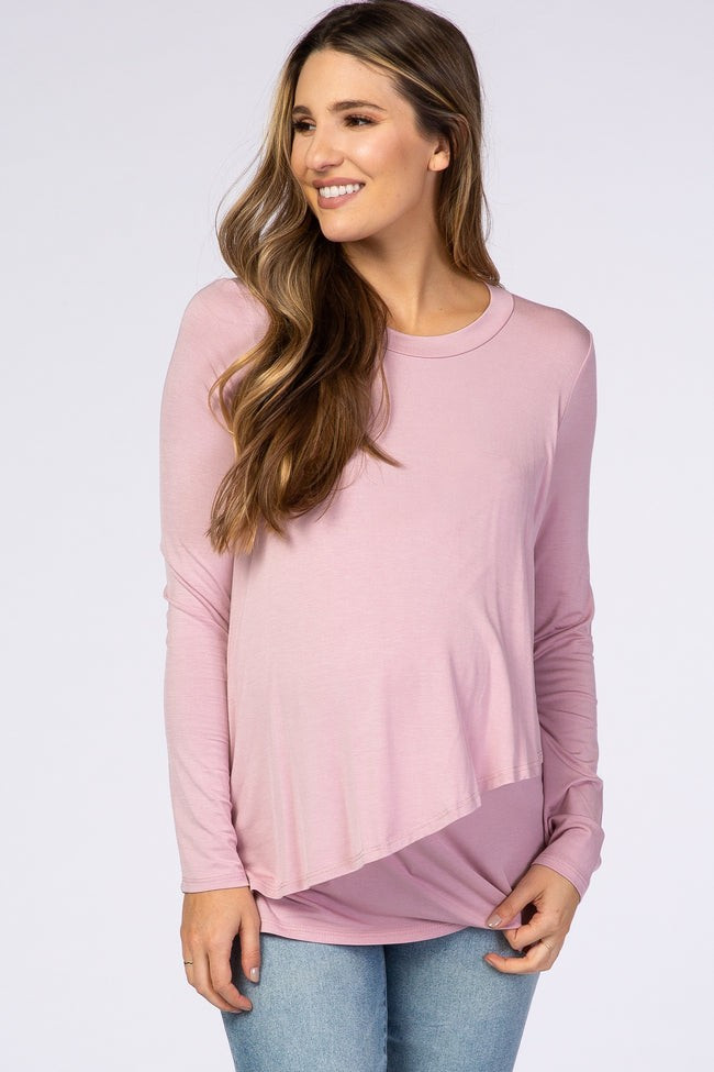 PinkBlush Pink Solid Layered Front Long Sleeve Maternity/Nursing Top | PinkBlush Maternity