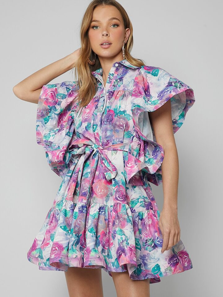 Katalyst Kouture Floral Print Belted Ruffle Hem Dress | SHEIN
