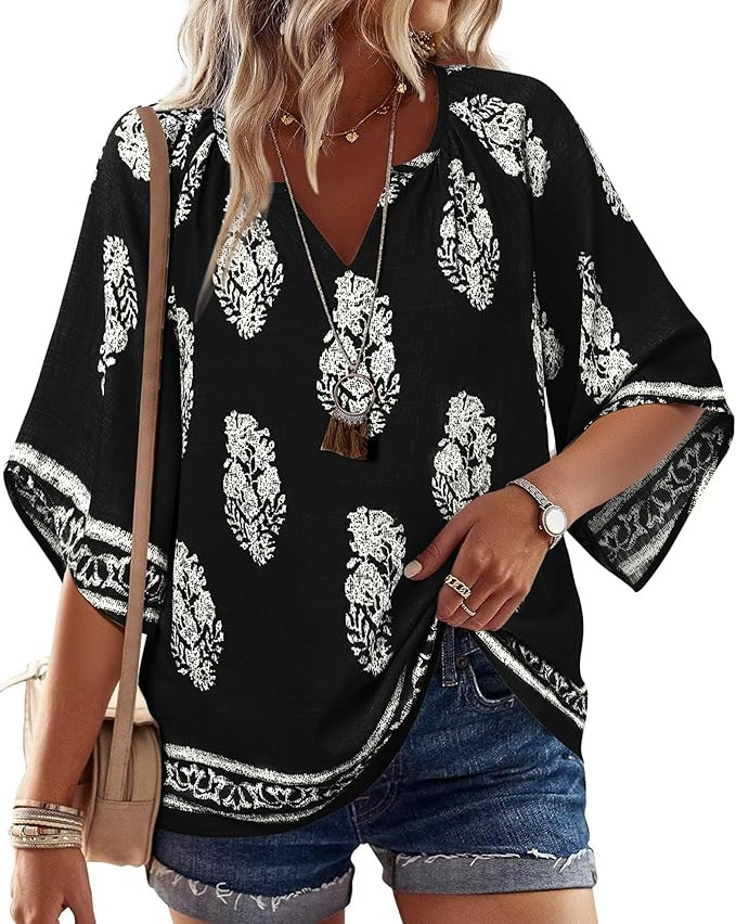 Bebonnie Womens 3/4 Sleeve V Neck Bohemian Peasant Blouses Casual Loose Fit Tunic Tops | Amazon (US)