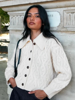 Cream Wool Cable Knit Cardigan | Ro&Zo