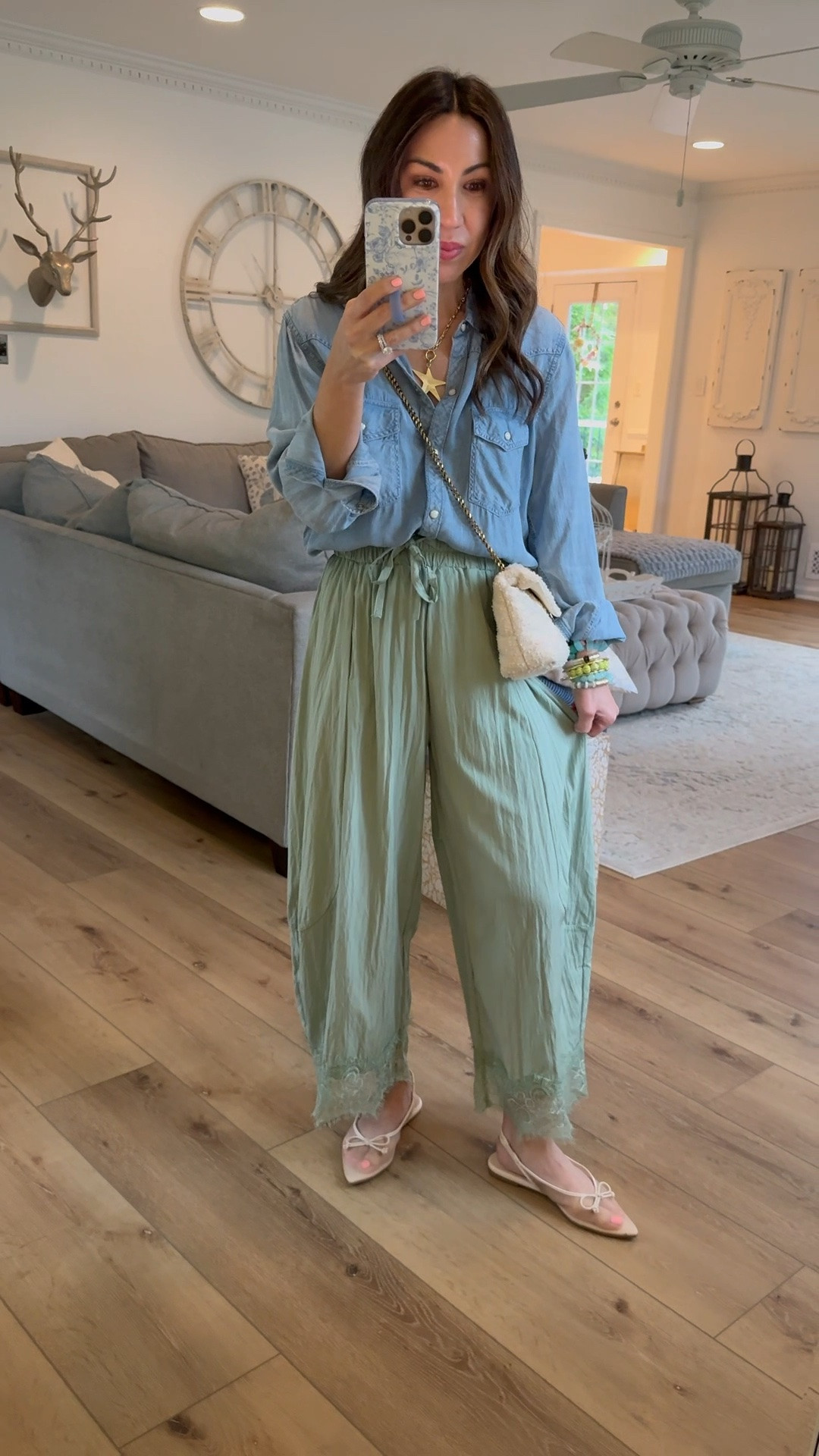 Small chambray denim shirt (code MDW2026). Small lace pants. Mesh ballet flats TTS. Jewelry code SUMMER

#LTKSaleAlert #LTKOver40 #LTKPetite