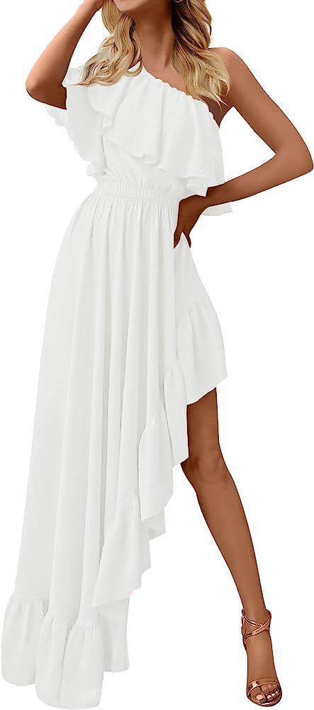 ZESICA Women's 2023 Summer Boho One Shoulder Sleeveless Ruffle Asymmetrical High Low Flowy Prom G... | Amazon (US)