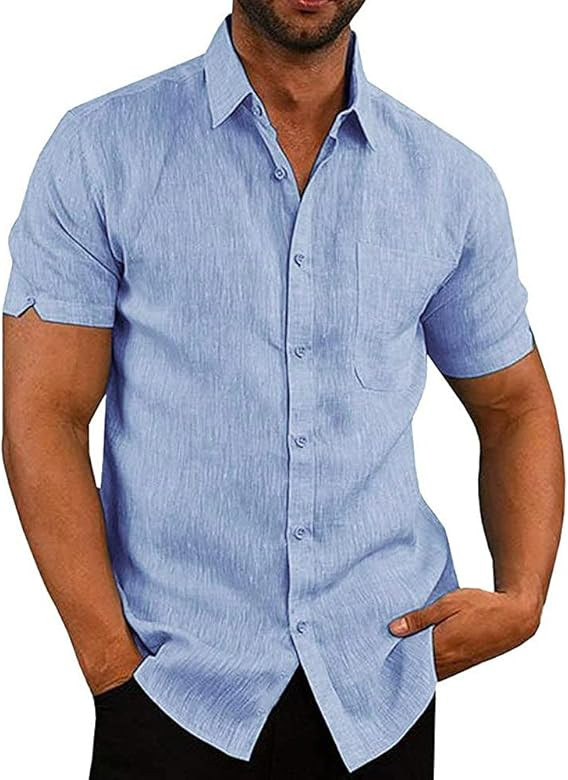 JEKAOYI Button Down Short Sleeve Linen Shirts for Men Summer Casual Cotton Spread Collar Beach Shirt | Amazon (US)