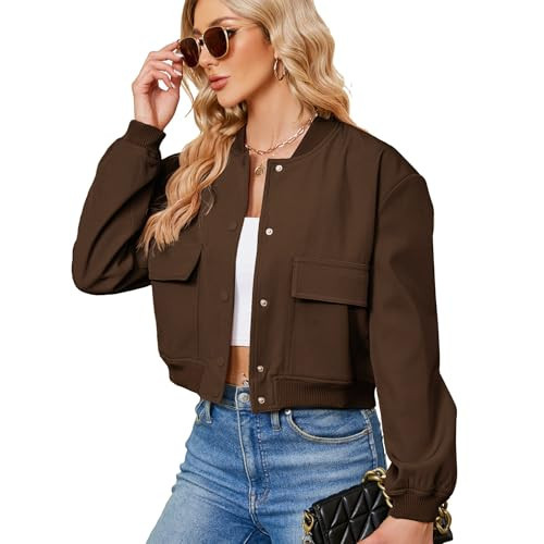 Zando Dark Brown Jacket Women - Cropped Bomber Jacket Women Button Down Womens Jackets Fall with Pockets Long Sleeve Baseball Varsity Jackets Womens for Daily Work Outdoor Travel Parties School M | Amazon (US)