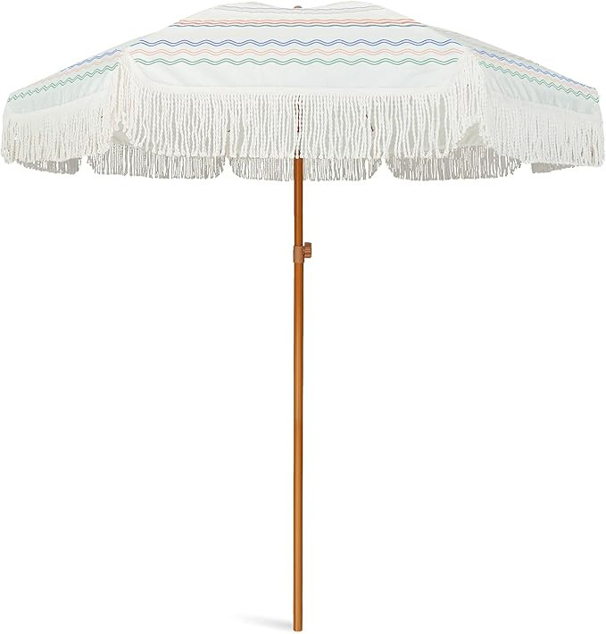 AMMSUN 7ft Patio Umbrella with Fringe Outdoor Tassel Umbrella UPF50+ Wood Color Steel Pole and St... | Amazon (US)