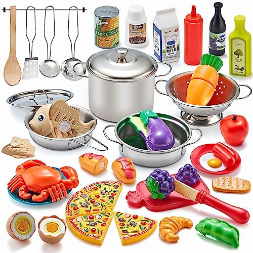 Kidsciety Pretend Play Accessories - 52pc Kids Kitchen Playset with Play Food, Stainless Steel Cookware, Toys Pots and Pans, Toddler Kitchen Set with Cuttable Toy Food - Boys and Girls Gift | Amazon (US)