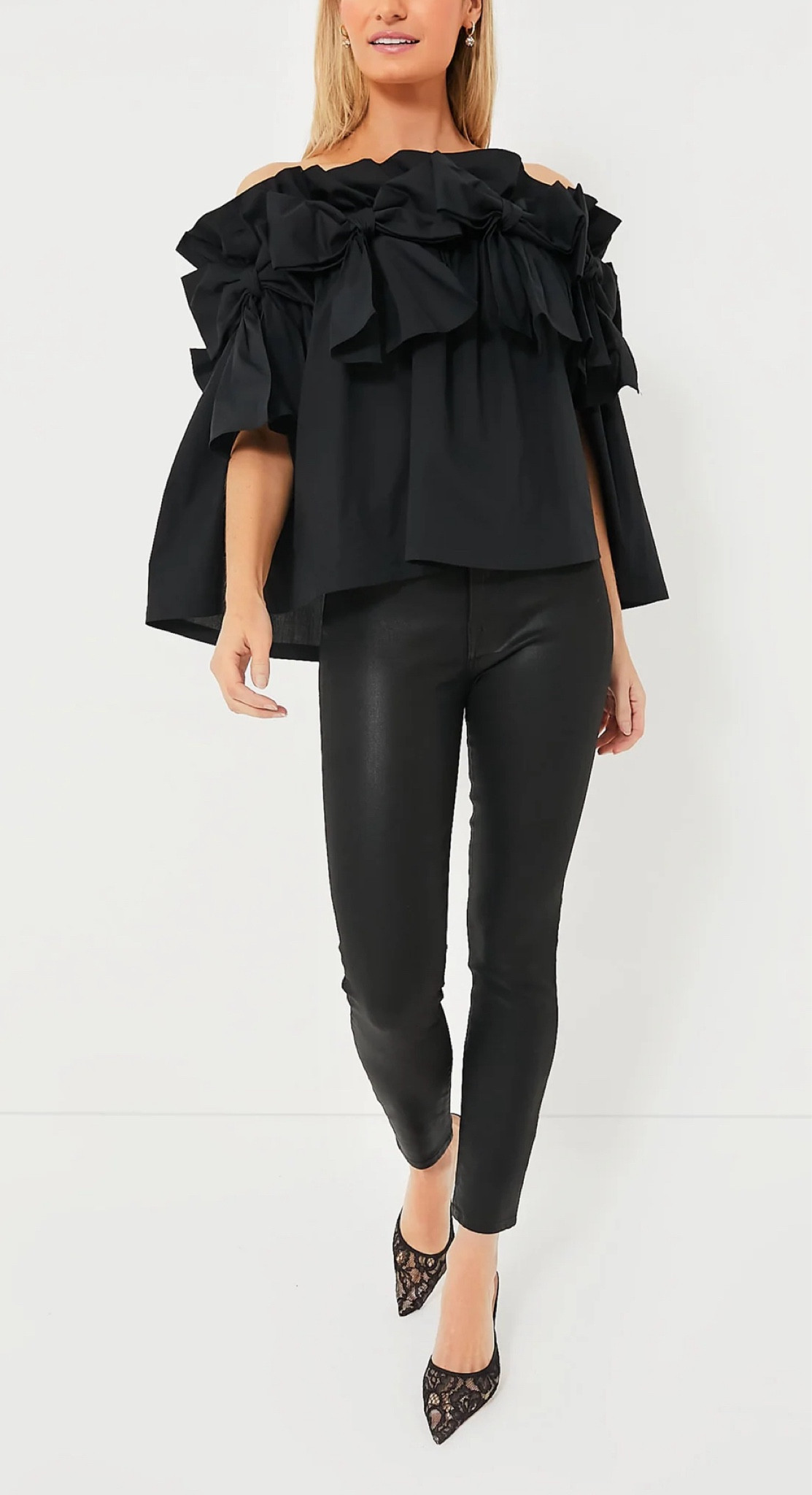 Black bow top paired with faux leather jacket leggings 

#LTKfindsunder100 #LTKSeasonal #LTKstyletip