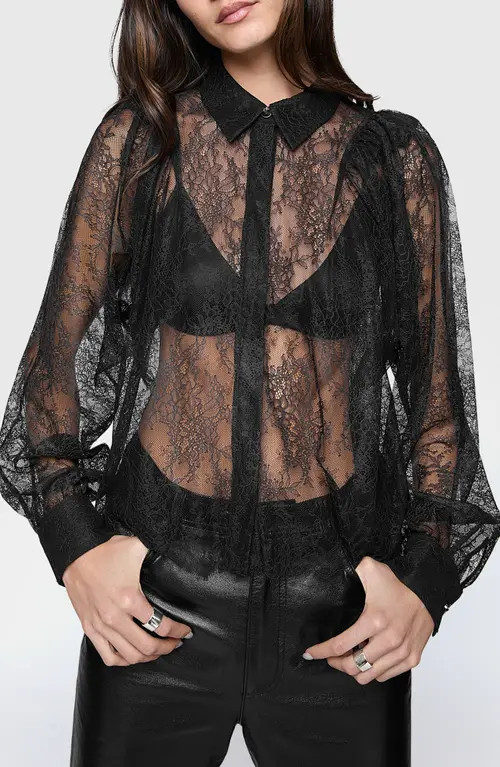 Rebecca Minkoff Cleo Sheer Lace Button-Up Shirt in True Black at Nordstrom, Size Small | Nordstrom