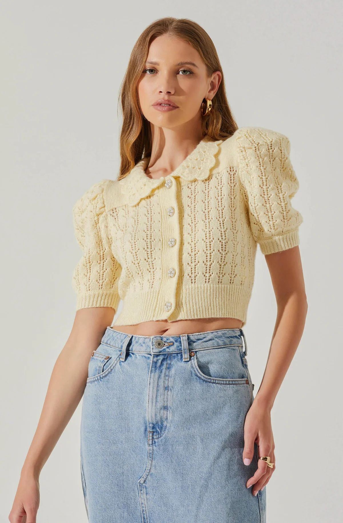 Dallyn Pointelle Collared Short Sleeve Sweater | ASTR The Label (US)